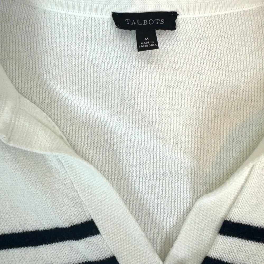 Talbots white collared polo sweater black stripes button cuffs nautical preppy M - Picture 3 of 10
